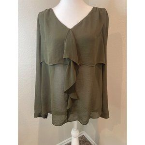 Massimo Dutti Olive Sheer Ruffle Blouse